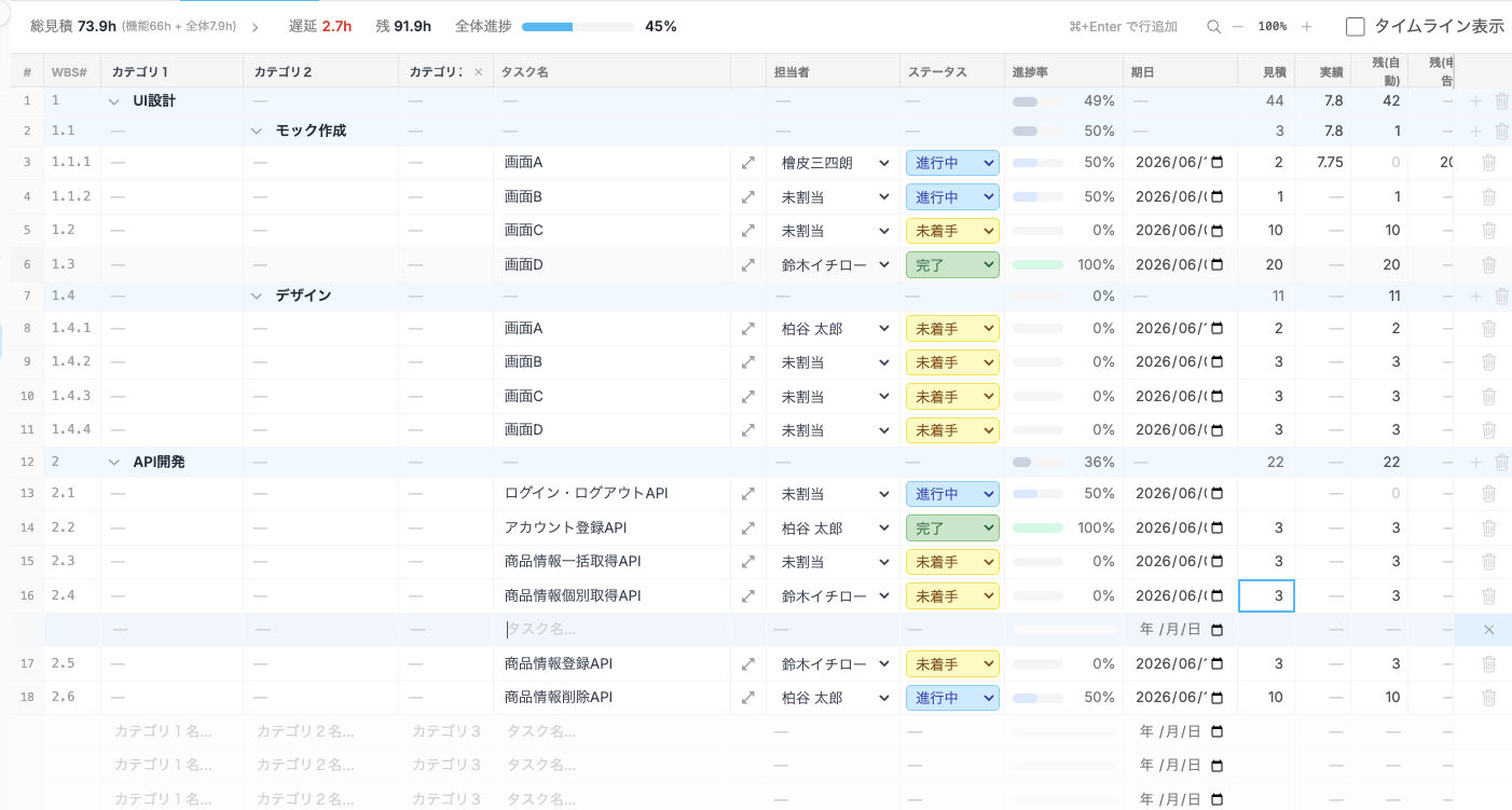 devDash WBS連動タスク管理画面のスクリーンショット（スプレッドシート感覚で作るWBSがタスクと直結し、見積・実績・進捗を自動集計）